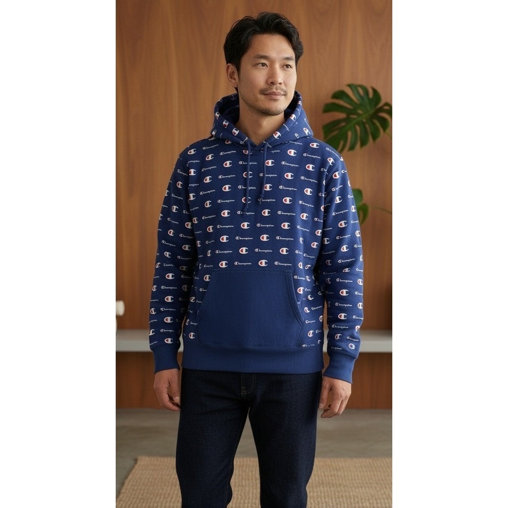Champion Hoodie Sweatshirt Men's Size M All Over Print Blue Athletic Heavyweight